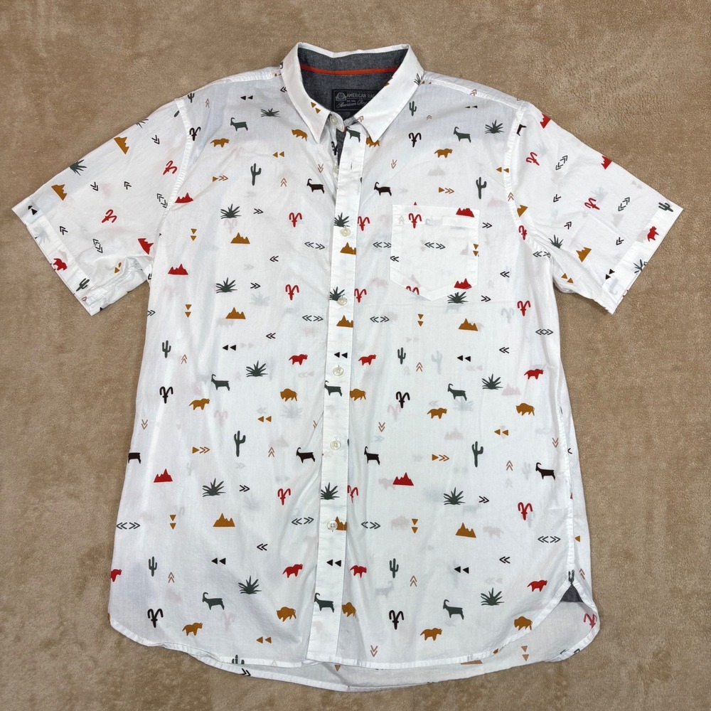 American Rag Mens Large White Desert Print Short Sleeve Button Down Cotton Shirt